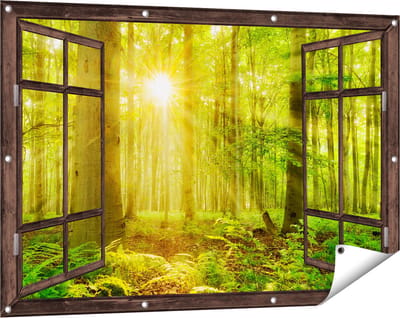 Gards Tuinposter Doorkijk Groen Bos met Schijnende Zonnestralen - 120x80 cm - Tuindoek - Tuindecoratie - Wanddecoratie buiten - Tuinschilderij