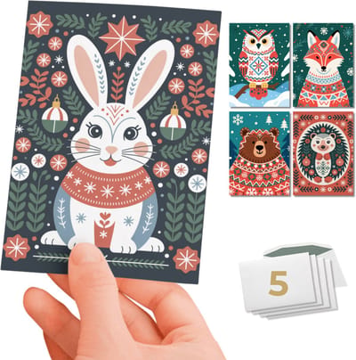 Inspra Studio – Luxe Kerstkaarten met Enveloppen – 5 Stuks – Vos, Egel, Uil, Beer & Konijn Wenskaarten – Scandinavische Dieren Illustraties