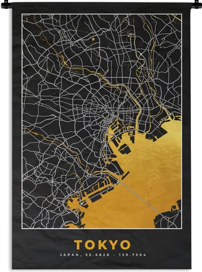 Wandkleed - Wanddoek - Tokyo - Stadskaart - Goud - Plattegrond - Kaart - 120x180 cm - Wandtapijt
