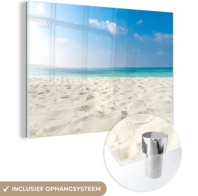 MuchoWow® Glasschilderij 120x80 cm - Schilderij acrylglas - Strand - Licht - Zon - Foto op glas - Muurdecoratie woonkamer - Wanddecoratie slaapkamer - Schilderijen