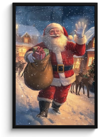 Poster in lijst - Fotolijst 60x90 cm - Posters - Kerstman - Dorp - Hert - Donker - Posterlijst zwart - Decoratie - Wanddecoratie woonkamer - Muurdecoratie slaapkamer - Kerstversiering - Kerstdecoratie voor binnen - Kerstmis