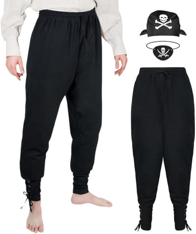 3-delige Piratenbroek voor Mannen, Middeleeuwse Viking Kostuum met Blinde Doek en Bandana, Katoenen Broek met Touwtjes en Elastische Taille voor Halloween Feest en Verkleedpartijen