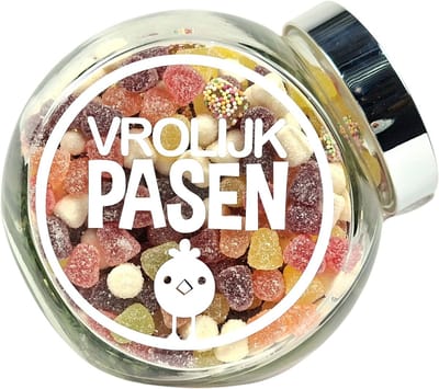 Pasen cadeautje, Snoeppot, gevuld met tum tum "Vrolijk Pasen"