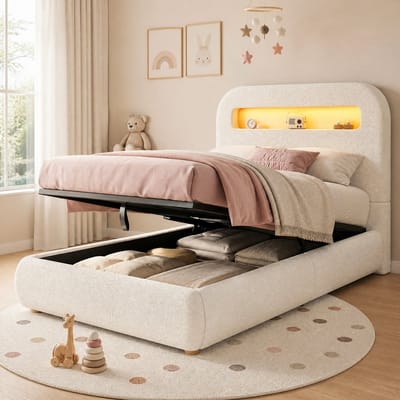 HAUSS SPOLE Gestoffeerd Kinderbed 90x200 cm - Met Ledverlichting En Hydraulische Opbergruimte - Zonder Matras - Bouclé - Wit