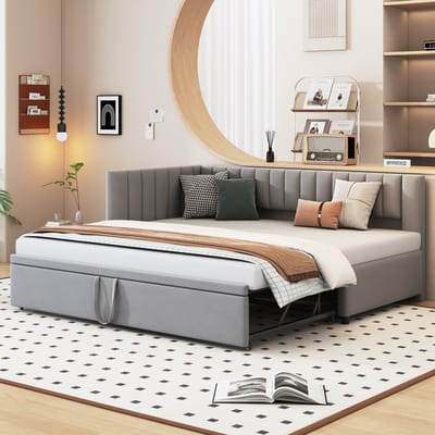 DESMIU L-vormige Slaapbank 90x200cm - Uitklapbaar Eenpersoonsbed Met Duw-Trekmechanisme - Extra Slaapruimte Voor Kinderen En Gasten - Velours - Grijs - Zonder Matras