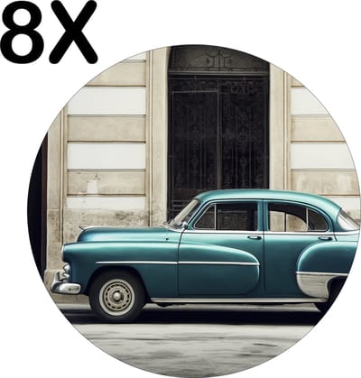 Luxe Ronde Placemat - Vintage Auto in Cuba - Set van 8 Placemats - 50x50 cm - 2 mm dik Vinyl - Anti Slip - Afneembaar