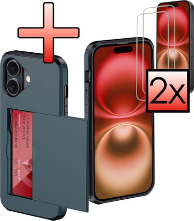 Hoes Geschikt voor iPhone 16 Hoesje Pasjeshouder Hard Cover Met 2x Screenprotector Shock Proof Hard Case Hoes Met Kaarthouder - Donkerblauw