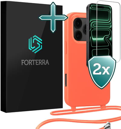 Hoesje Geschikt voor iPhone 17 Pro Case Siliconen Hoes Met Koord Met 2x Screenprotector - Hoes Geschikt voor iPhone 17 Pro Met Telefoonkoord Hoesje Backcover - Papaya