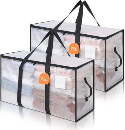 Verhuiszakken 72L - Transporteerbare Opbergdozen met Ritssluiting en Handgrepen - Transparante Dozen voor Onderbed en Kast