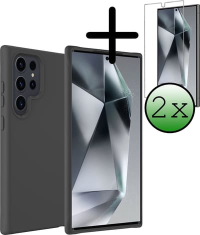Hoesje Met 2x Screenprotector - Geschikt voor Samsung Galaxy S24 Ultra - Sterk & Shockproof - Back Cover - Siliconen Case - Telefoon Hoes - Zwart