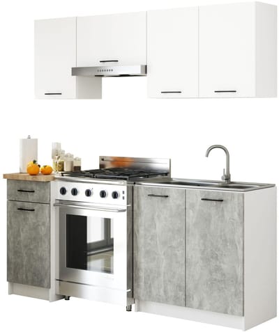 Complete Keuken, Keukenmeubelset OLIWIA met Verkblad 180 cm breed / Keukeneenheid zonder apparatuur / Wit - Beton Grijs / 180 x 203 x 46 cm