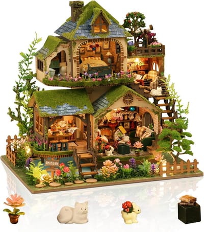 Miniatuur Poppenhuis - Houten Knutselset - Creatief Hobbyen - Met LED Verlichting - 32 x 26.5 cm - Groen