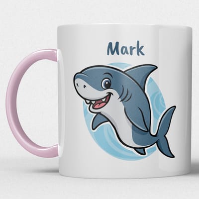 kindermok/kinderbeker | gepersonaliseerd met naam | met haai | roze | Schattige illustraties