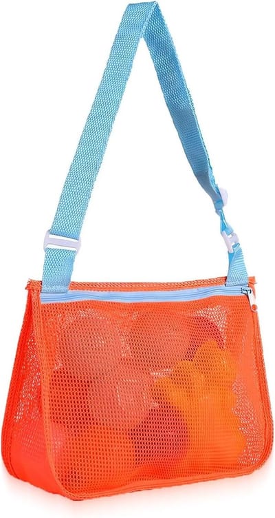 Vouwbare en Waterdichte Strandtas met Binnenvak voor Kinderen, Ideaal voor Vakantie, Zwembad en Camping, Oranje met Blauwe Handvaten, 25 x 20 cm