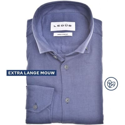 Ledûb Overhemd Solid Color Cotton-Linnen Blend Button-Down Extra Long Sleeve Mouwlengte 7 Midden Blauw / male