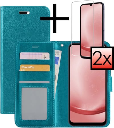 Hoesje - Met 2x Screenprotector - Geschikt voor Samsung Galaxy A25 - Luxe Pasjeshouder - Bookcase Portemonee - Flip Case - Kunstleer Book Case - Flipcase Hoes - Book Cover - Walletcase - Portemonneehoes - Turquoise