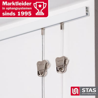 STAS Schilderijrail - Ophangsysteem Schilderijen / Fotolijsten / Poster - Ophangrails - Zonder Boren - Ophanghaak - Ophangrek - Schilderijrail - Minirail - Wit -150 cm - Complete Kit