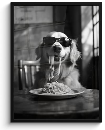 Poster in lijst - Fotolijst 50x70 cm - Posters - Golden Retriever - Hond - Vrolijk - Bord spaghetti - Zwart - wit - Posterlijst zwart - Decoratie - Wanddecoratie woonkamer - Muurdecoratie slaapkamer