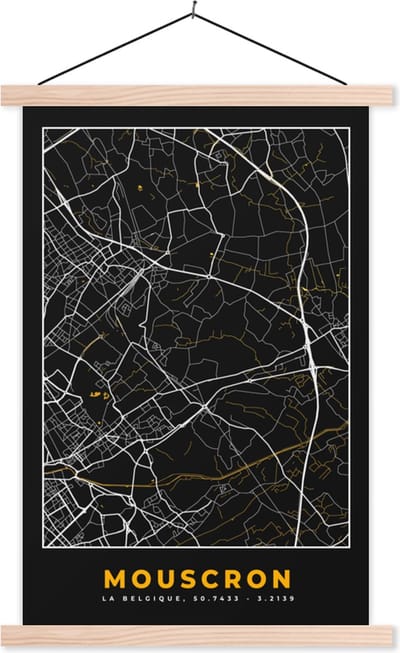 Posterhanger incl. Poster 40x60 cm - Schoolplaat - Kaart - Mouscron - Stadskaart - Plattegrond - Goud - Textielposter - Blanke latten - Stadskaart