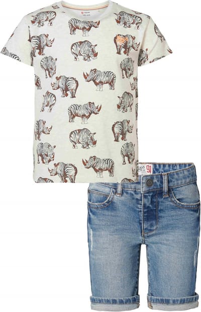 Noppies - Kledingset - 2DELIG - Short Jeans Ghent Mid Blue Denim - Shirt Romney Oatmeal - Maat 134