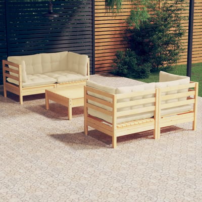 vidaXL - 5-delige - Loungeset - met - crèmekleurige - kussens - grenenhout