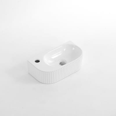 Fugaflow Eccelente Pietra Fontein - 40x22x12cm - Links - Geribbeld - halfrond - 1 kraangat - Keramiek - Wit Glans