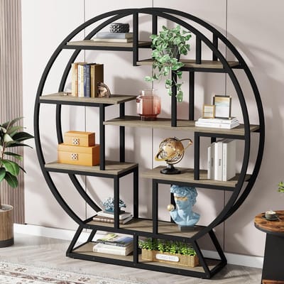 Tribesigns - Boekenkast - Ronde Boekenrek met 5 Planken - Industrieel - Spaanplaat - Grijs - 150 x 30 x 160 cm