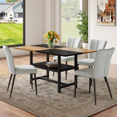 Rechthoekige eettafelset van 160 cm met multifunctioneel opbergvak, inclusief 4 lichtgrijze, moderne eetkamerstoelen van PU-leer met zwarte metalen poten. Geschikt voor woonkamer, eetkamer, keuken, enz.
