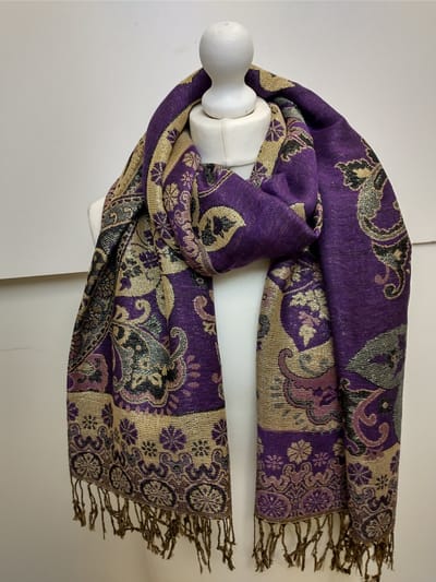 Lange dames sjaal Annemiek gebloemd motief paars zwart geel grijs goud mauve
