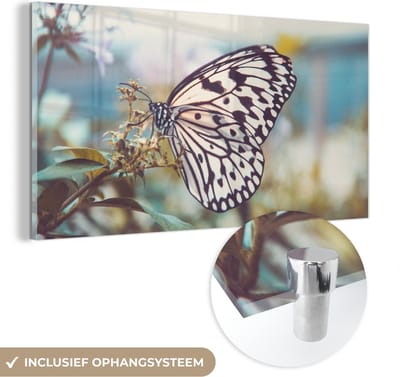 MuchoWow® Glasschilderij 40x20 cm - Schilderij acrylglas - Vlinder - Bloemen - Lente - Foto op glas - Schilderijen
