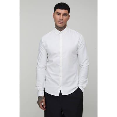 Lang Slim Fit Overhemd met Knoopsluiting en Oxford Lange Mouwen | White | Size Small