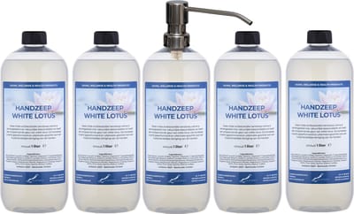Handzeep White Lotus 1 liter - set van 5 stuks - met gratis RVS zilverkleurige pomp - Voordeelverpakking