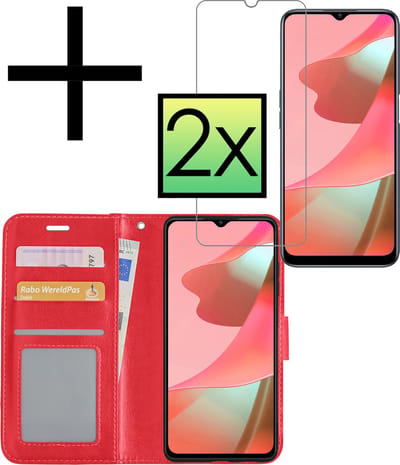 Hoesje - Met 2x Screenprotector - Geschikt voor OPPO A16 - Luxe Pasjeshouder - Bookcase Portemonee - Flip Case - Kunstleer Book Case - Flipcase Hoes - Book Cover - Walletcase - Portemonneehoes - Rood