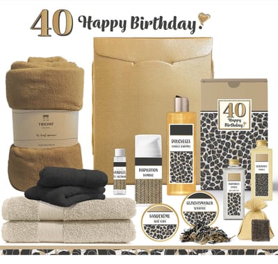 Geschenkset “40 Jaar Happy Birthday!” - 13 producten - 1910 gram | Giftset voor haar - Luxe wellness cadeaubox - Verjaardag Vrouw Feestje Veertig jaar - Gefeliciteerd Cadeau Pakket- Gift Set Party -Cadeaupakket - Verjaardagscadeau - Panter Zwart Goud