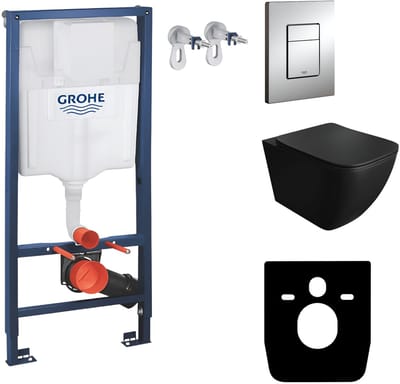 Inbouwreservoir Complete Toiletset Grohe Solido 39069000 - Inbouw WC Hangtoilet Wandcloset Onil Black - Bedieningsplaat EVEN 4in1 Chroom - Voorwandelement - Installatiesysteem