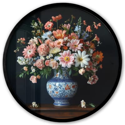 Poster in lijst Rond - Fotolijst 40x40 cm - Posters - Hout - Vaas - Kleuren - Bloemen - Ronde posterlijst zwart - Decoratie - Wanddecoratie woonkamer - Muurdecoratie slaapkamer
