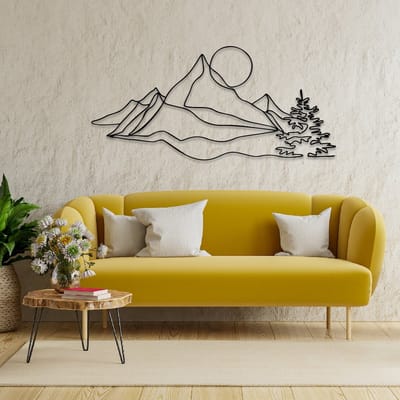 Metalen Wanddecoratie Bergen – 3D Wandkunst – Zwart – 60 x 28 cm