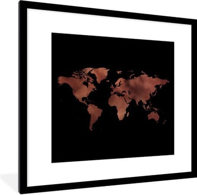 Poster in lijst - Fotolijst 40x40 cm - Posters - Wereldkaart - Schaduw - Bruin - Posterlijst zwart - Decoratie - Wanddecoratie woonkamer - Muurdecoratie slaapkamer