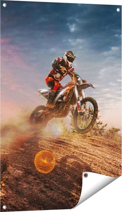 Gards Tuinposter Motorcross op een Heuvel bij Zonsondergang - 60x90 cm - Tuindoek - Tuindecoratie - Wanddecoratie buiten - Tuinschilderij