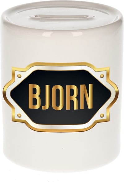 Spaarpot met voornaam Bjorn - wit - met goud/zwart embleem - 8 x 9 cm - keramiek - met afsluitdop - cadeau verjaardag
