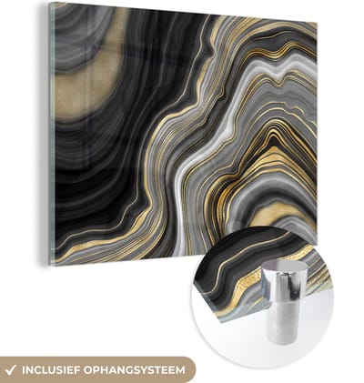 MuchoWow® Glasschilderij 120x90 cm - Schilderij acrylglas - Marmer - Steen - Agaat - Black en gold - Foto op glas - Schilderijen