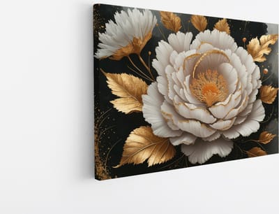 Saammp Canvas Schilderij - Witte Bloem - Goud - Zwart - Abstract - 30x20 - Foto op canvas - Wanddecoratie - Muurdecoratie Woonkamer - Kantoor Decoratie
