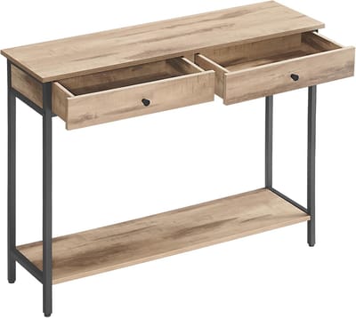 HOMESY Consoletafel, ingangstafel, bankpunt, met 2 laden, stalen frame, voor entree, slaapkamer, woonkamer, industriële stijl, camelbruin en inktzwart