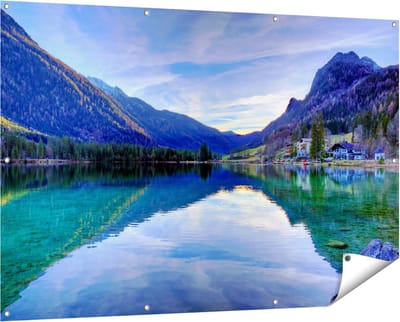 Gards Tuinposter Meer met Weerkaatsing in de Bergen - 150x100 cm - Tuindoek - Tuindecoratie - Wanddecoratie buiten - Tuinschilderij