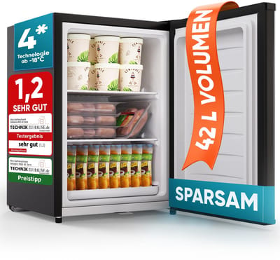 Stillstern Mini vriezer - Klein & Stil - 42 l, mini-diepvrieskist -18 °C met ijsblokjesbakje & slot - Deurscharnier rechts/links - 4-sterren diepvrieskast kleine diepvriezers [energieklasse E]