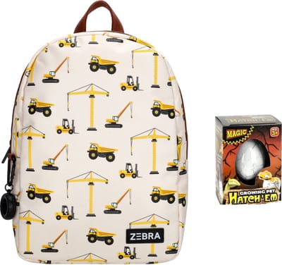 Zebra Rugzak Construction World - bouwverkeer - kinderrugtas, rugtas, kinderrugzak, schooltas + Dino Ei