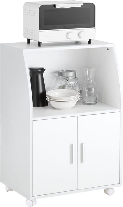 SoBuy Keukenkast op Wieltjes, Magnetronkast met Opbergruimte, Multifunctionele Keukenwagen 55×38×84 cm, Wit, FRG241-W