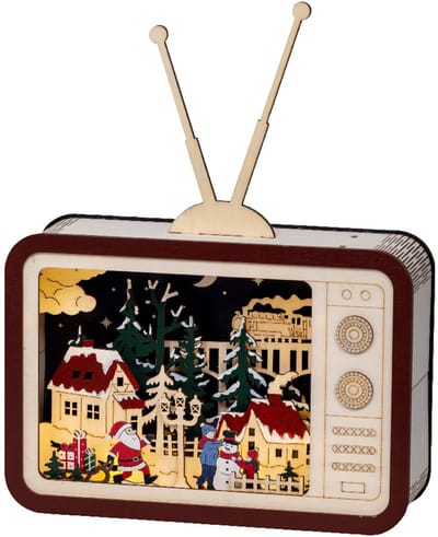 Retro houten kerstdecor in TV-vorm met warm witte LED-verlichting – FSC-hout, 33,5 cm breed – met timer