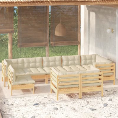 vidaXL - 9-delige - Loungeset - met - crèmekleurige - kussens - grenenhout