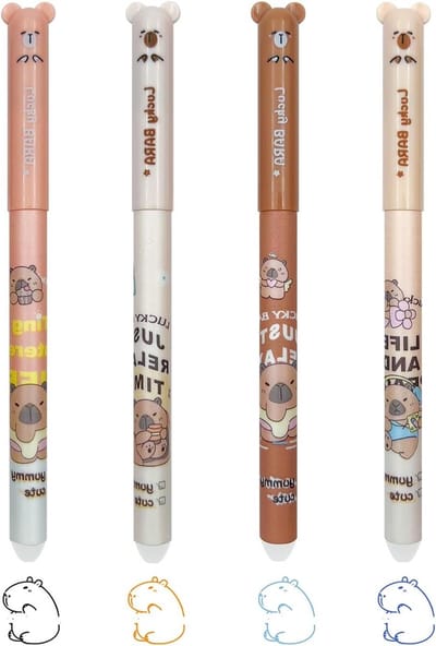 Set van 4 Gelgum Eraser Pennen met Ballpoint Tip voor het Verwijderen van Inkt - Blauw, Zwart, Lichtblauw, Oranje, 0.5 mm Dikte
